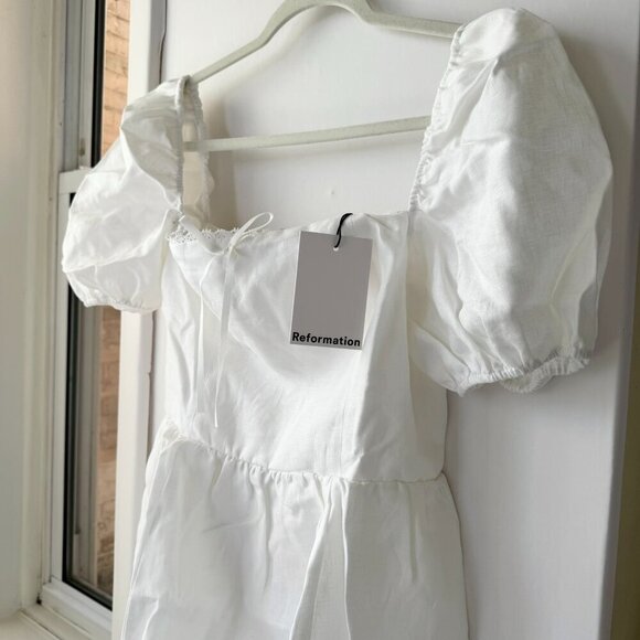 NWT Reformation Malvina Linen Puff-Sleeve Mini Dress White 10 - Picture 7 of 12